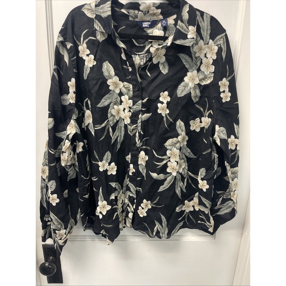 Lands End Tropical Floral Button Up Linen Blouse White Gardenias on Black sz 2X